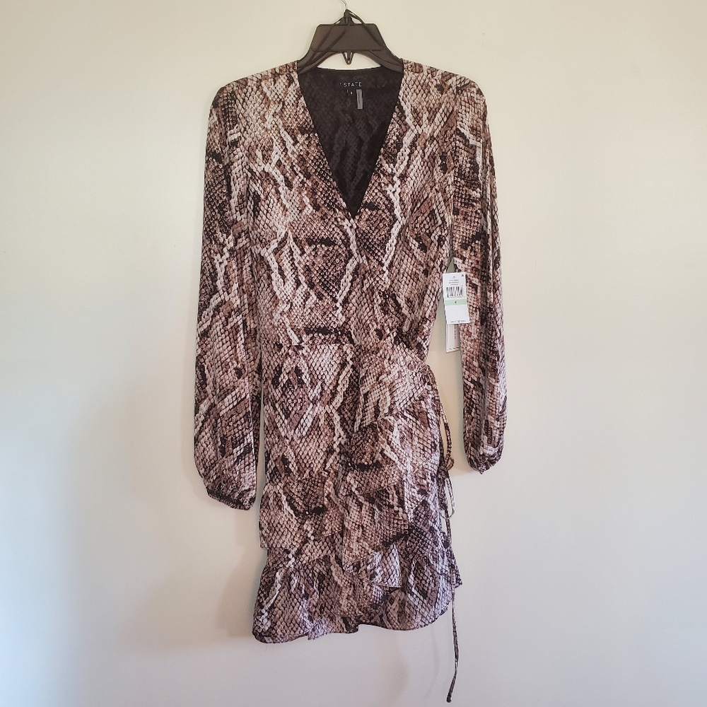 Nwt 1.State Birch Multi Snakeskin Sultry Wrap Longsleeve Mini Dress Size 8 Grey